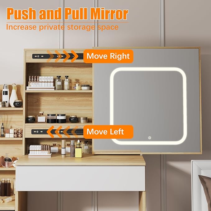 Vanity Desk with Sliding LED Mirror, Makeup Dressing Table with 4 Drawers, Storage Shelves, Power Outlet & Cushioned Stool, Adjustable 3 Lighting Modes, Modern Makeup Vanity Set for Bedroom, Natural