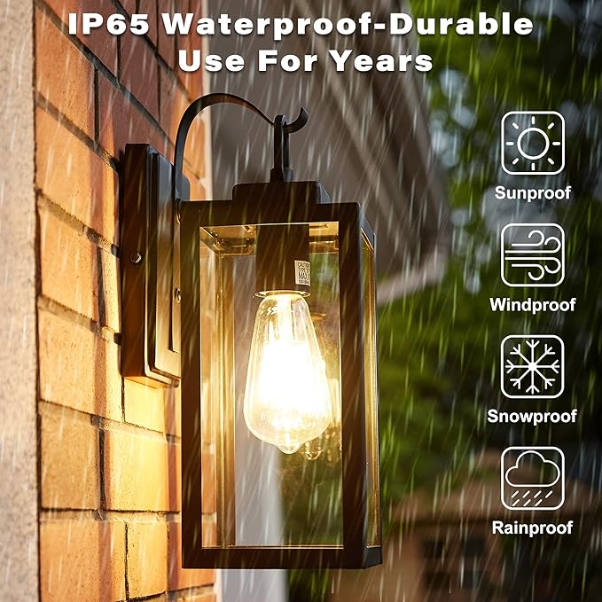 Pia Ricco Outdoor Wall Lights, Matte Black Exterior Light Fixture with Clear Glass Shade, Waterproof Front Porch Lighting, Modern Sconce Lantern for Outside, House, Garage, ETL Listed, Pack of 2