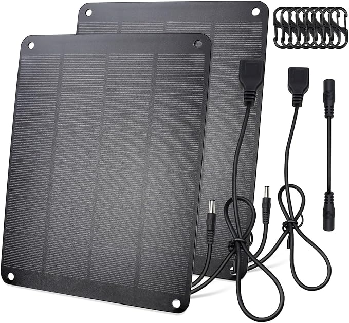 2Pack Solar Panel with Metal Hook, 5V 6W High Performance Monocrystalline Module with USB-A Female & DC Male Output, Waterproof Panel for Security Camera,Mobile Phone,Small Fan,Charging Bank,Outdoor