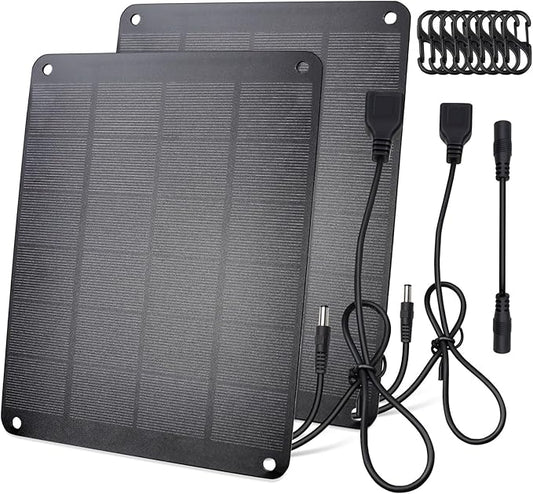2Pack Solar Panel with Metal Hook, 5V 6W High Performance Monocrystalline Module with USB-A Female & DC Male Output, Waterproof Panel for Security Camera,Mobile Phone,Small Fan,Charging Bank,Outdoor