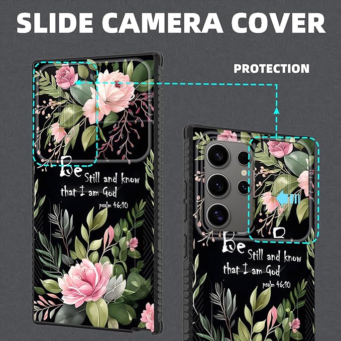 for Galaxy S25 Ultra Case Built in Slide Camera Lens Cover,Heavy Duty Shockproof Protection Dual Layer Case for Samsung Galaxy S25 Ultra 6.9" 2025,Flower Bible Verse Psalm 46:10