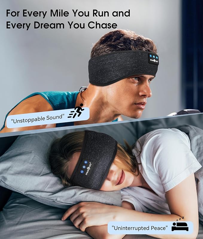 MUSICOZY Sleep Headphones Bluetooth Sports Headband, Wireless Music Sleeping Headphones Sleep Eye Mask Earbuds for Side Sleepers Workout Running Travel Yoga Office, Pack of 2