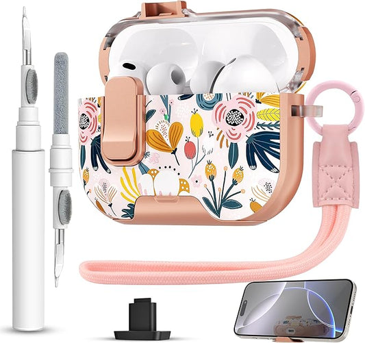 for AirPods Pro 3 Case(2025) with Secure Lock Clip and Phone Stand,Floral Girly Style Protective Cover with Cleaning Kit and Hand Strap for Apple AirPod Pro 3 Generation (Palm Petals)