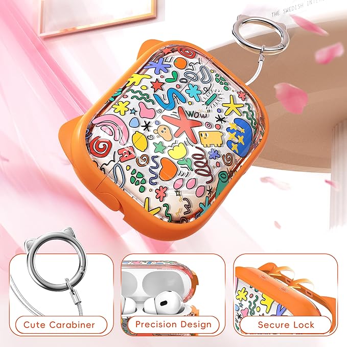 for AirPods Pro 2 Case with Cleaning Kit, Cute Cat Ear Print Design & Cute Buckle for Girls, Phone Holder & Top Safe Lock Buckle Design for AirPods Pro 2nd/1st Gen case, Orange Seaworld