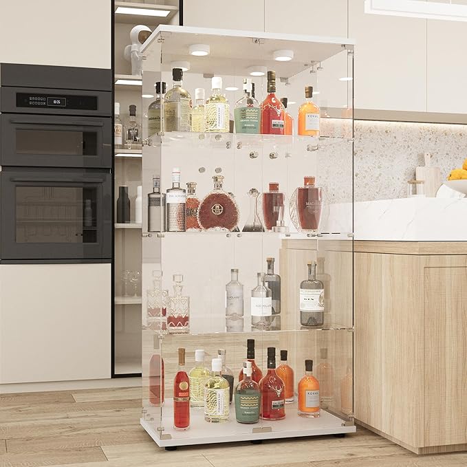 LFT HUIMEI2Y Glass Display Cabinet 4-Shelf with LED Light, Mirror and Lock, 2 Door Curio Cabinets, Tempered Glass Collection Display Showcase for Bedroom, Living Room 65”x 17”x 14” White