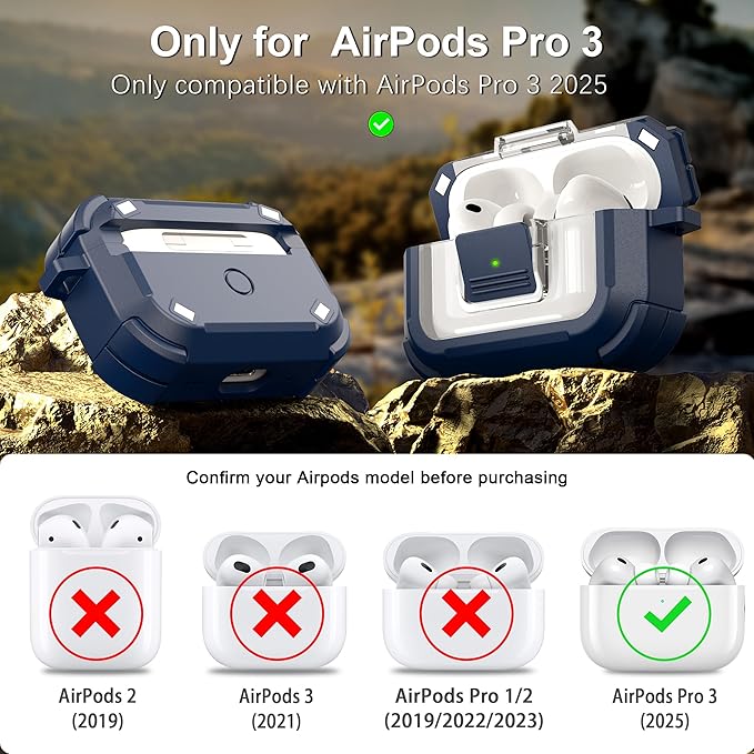 RFUNGUANGO for AirPods Pro 3 Case, Compatible with AirPods Pro 3 Generation Case (2025), Compatible with MagSafe, Magnetic Automatic Lock with Cleaner Kit and Keychain, Front LED Visible, Blue