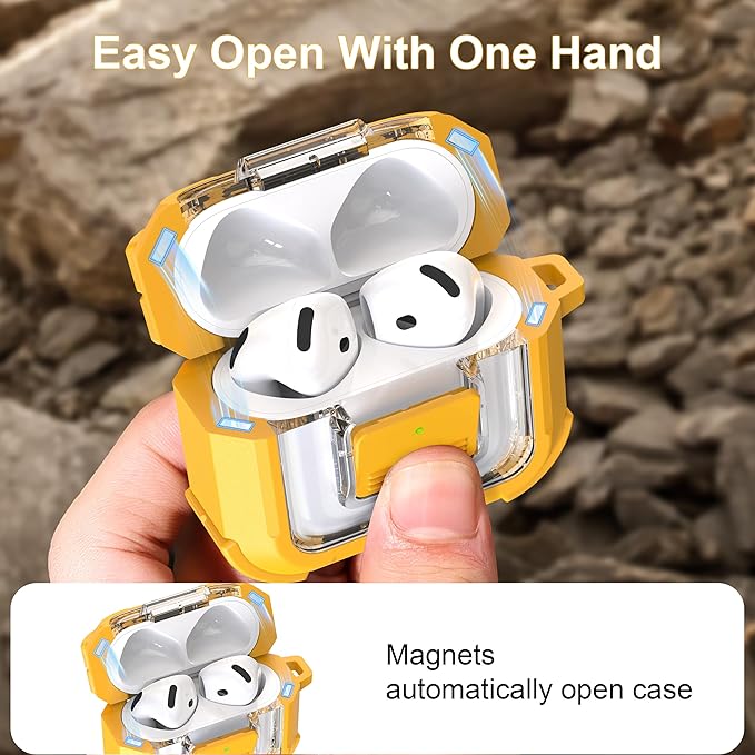 RFUNGUANGO for AirPods 4 Case, Compatible with AirPods 4th Generation Case (2024), Compatible with MagSafe, Magnetic Automatic Lock with Cleaner Kit and Keychain, Front LED Visible, Yellow