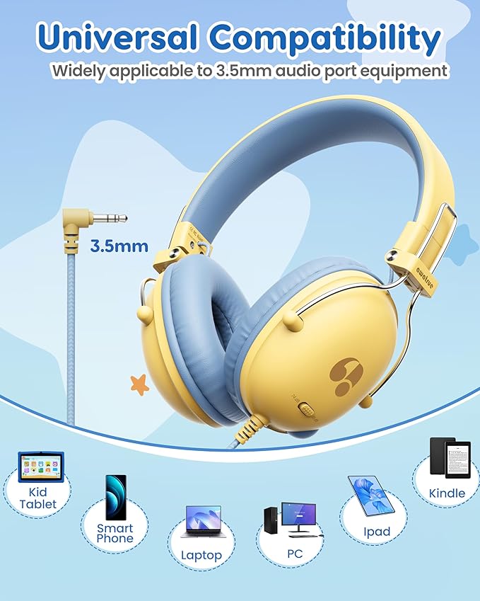 Kids Headphones, 74/85dB Safe Volume Limit, Stereo Sound, Wired On-Ear Headphones for Kids Boys Girls, 3.5mm Jack for Tablet, iPad, Kindle, YOTO Player, Airplane Travel, Yellow