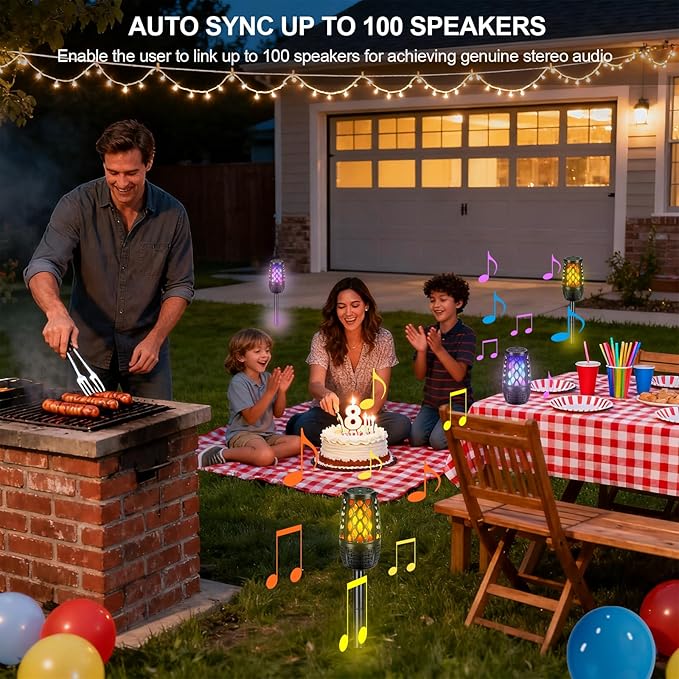 Upgraded Outdoor Speakers With Flame light, Outdoor Bluetooth Speakers With Colorful LED, IPX6 Waterproof Gifts for Men, Auto-Sync Up to 100 Speaker, BT 5.3 HD Surround Sound, for Patio/Yard/Porch