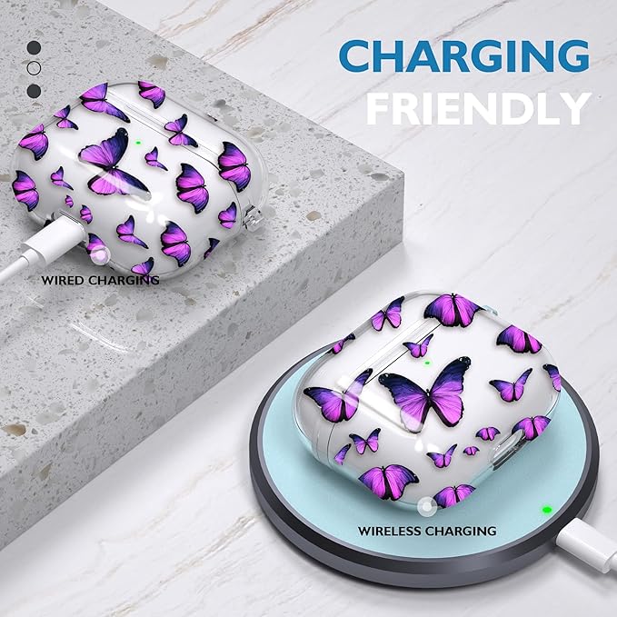 Maxjoy for AirPods 3 Case, Clear AirPod 3rd Generation Case for Women Men Cute Soft Protective AirPods 3 Cover with Keychain for AirPod 3rd Generation Charging Cover 2021, Butterfly Purple