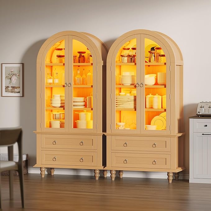 YITAHOME 73" Arched Pantry Cabinet with LED Lighting, 2 Drawers & Multi-Tier Shelves, Modern Farmhouse Kitchen Storage with Ambient Lighting for Dining Room, Natural