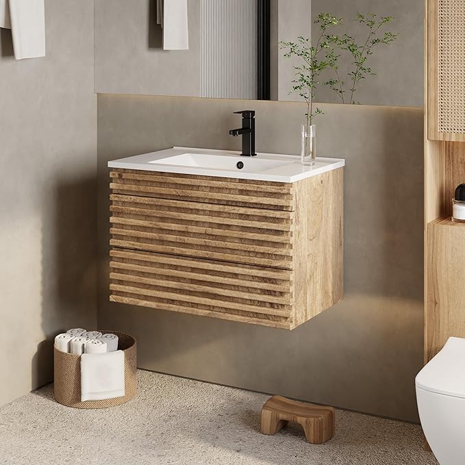 eclife 30" Floating Bathroom Vanity with Sink Combo Mid-Century Wall Mounted Cabinet with Wood Stripes Decor, Drawers, Undermount Sink, Faucet, Drain, Light Walnut