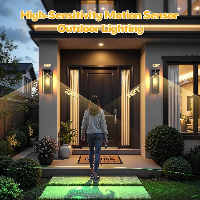 15in Motion Sensor Outdoor Wall Sconce-Black Modern Exterior Lighting Fixture Waterproof Porch Lights Large Outside Lantern Wall Mounted for Coach Doorway Patio