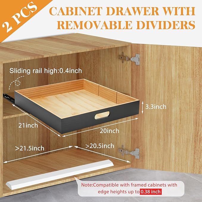 2 PCS Wood Pull Out Cabinet Organizers with Removable Dividers, 20''W x 21''D Nail-free Wood Sliding Drawers with Adhesive Tape, Roll Out Shelves for Kitchen, Pantry, Office (Black)