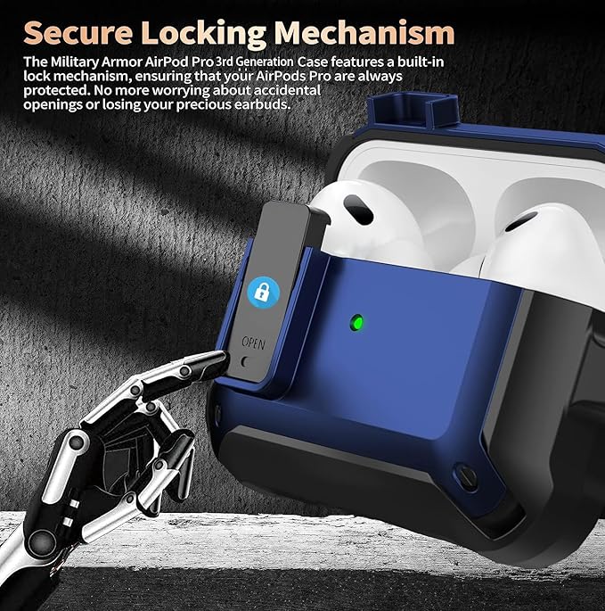 for Airpods Pro 3 Case with Lock Clip, Rugged Apple Airpods Pro 3rd Generation Cover 2025 Men Women, Armor Shockproof iPod Pro3 Gen Protective Hard Shell with Carabiner&Cleaner kit, Black/Blue