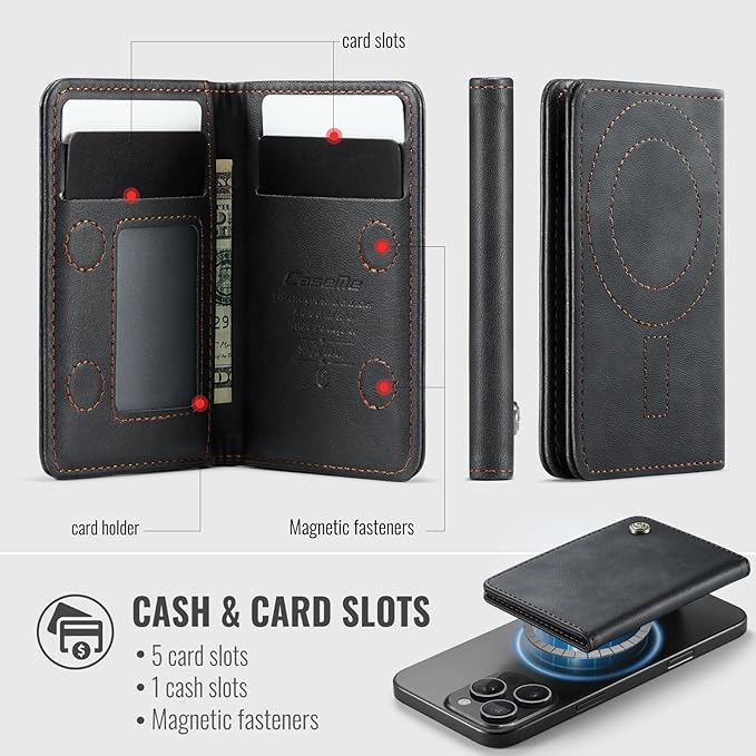 QVLANG for MagSafe Wallet, PU Leather Magnetic Card Holder RFID Blocking, 4 Card Slots and 1 Money Slot, Compatible with MagSafe Phones and Cases, for iPhone 17/16/15/14/13/12 Series, Black