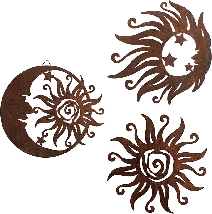 Limygus Sun Moon Metal Wall Art - Rust Colored Rust Proof Wall Sculpture Set of 3 for Indoor & Outdoor Decor for Bedroom, Garden, Patio, Farmhouse