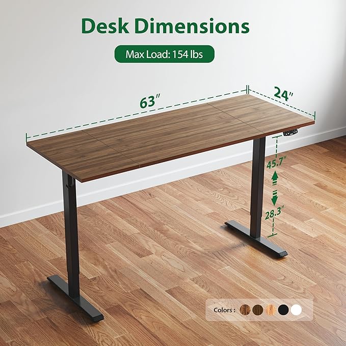 Agilestic Electric Standing Desk - Large 63 x 24 Inches, Height Adjustable Sit Stand Desk for Work & Home, Dark Walnut