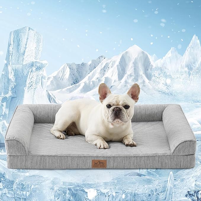 Cooling Dog Bed, Orthopedic Foam Dog Bed with Sides, Removable Cover & Waterproof Lining and Nonskid Bottom, Comfortable Pet Beds for Medium Dogs, Grey (36" L x 27" W x 6.5" Th)