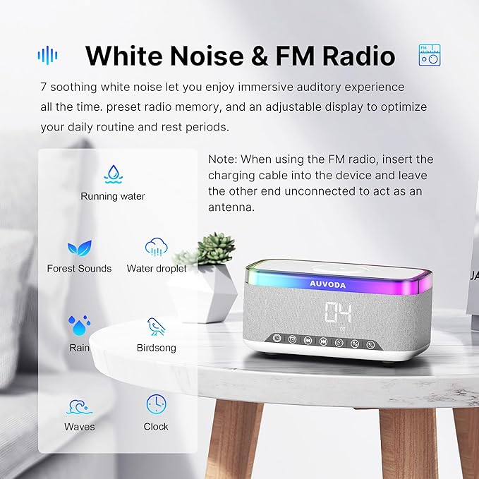 S300 16W Stereo Bluetooth Speaker with 15W Fast Wireless Charging, 13-Color Night Light, Alarm, White Noise, FM Radio, Portable, TWS, BT5.3, for PC, Smartphone, Home, Office & Bedroom (White)