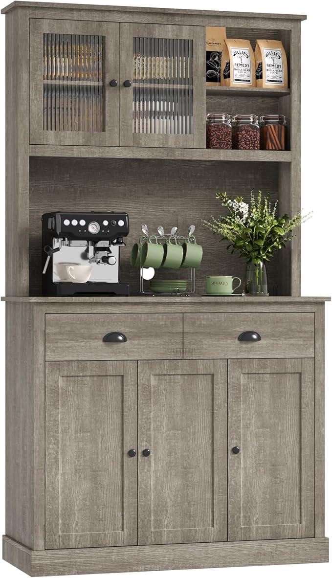 GarveeHome Pantry Cabinet with Drawers and Adjustable Shelves, 71" Tall Freestanding Kitchen Cabinet with Microwave Stand, Kitchen Hutch for Dining Room, Rustic Grey