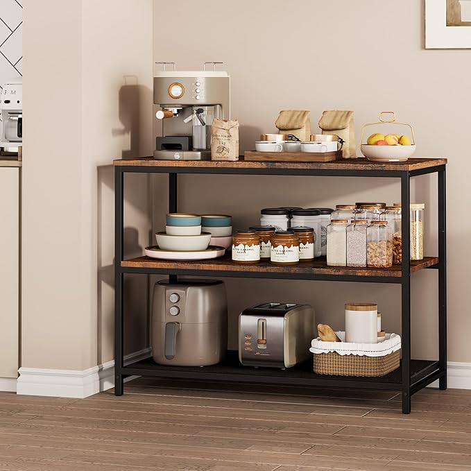 39.4" L Kitchen Island with 3 Shelves, Kitchen Shelf with Large Workstation, Bakers Rack, Workbench, Metal Frame, Rustic Brown and Black