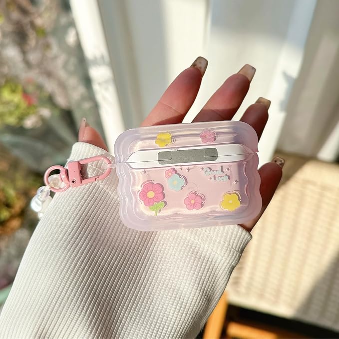 Cute Airpod Pro 2 / Airpod Pro Case 3D Flower with Keychain Clear Hard TPU Protective Cover Compatible with AirPods Pro 2nd/1st Generation Case for Girls Women (Floral Pink)
