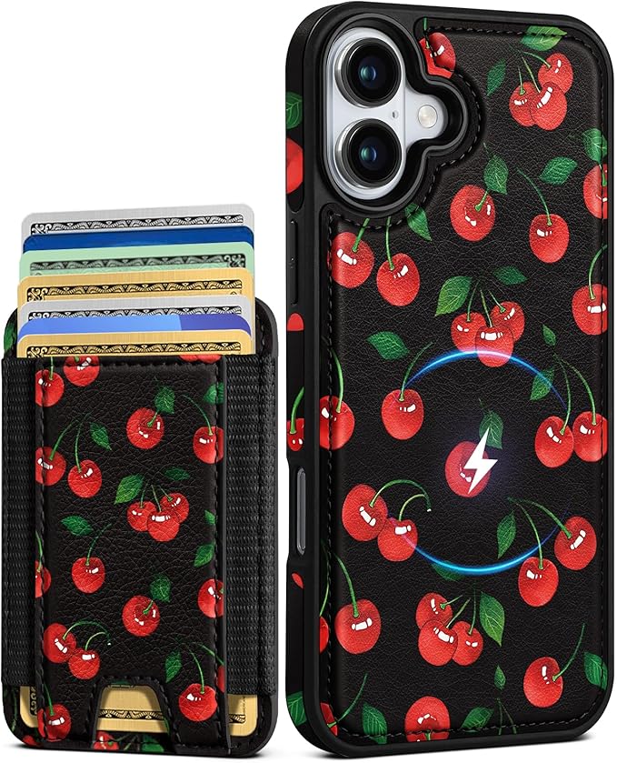 Shorogyt for iPhone 16 Wallet Case - Fits 5 Cards, Compatible with Magsafe Detachable Magnetic Credit Card Holder Leather Cardholder Cute Phone Cover Women Girls for Apple 16, Cherry
