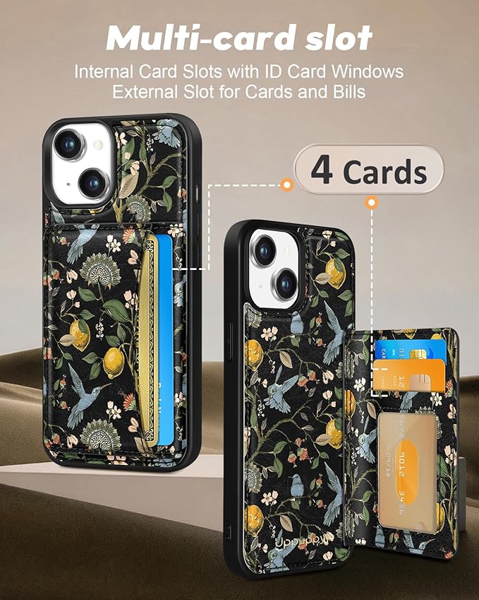 for iPhone 14 Plus Case with Wallet - Fits 4 Card Slots, Compatible with MagSafe for Women Aesthetic Durable PU Leather Credit Card Holder Kickstand Phone Cover for Apple 14 Plus, Lemon Bird