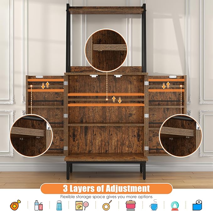 51" Pantry Cabinet, Kitchen Pantry Storage Cabinet with, Storage Shelves, Modern Kitchen Hutch with Microwave Stand, Adjustable Shelves, Food Pantry Cabinet for Dining Room (Brown)