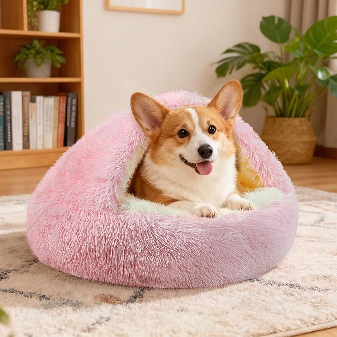 NOYAL Round Hooded Donut Dog Bed for Small & Medium Pets - Plush Fluffy Anti-Anxiety Cat Cave Bed with Cover