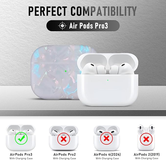 Compatible Airpods Pro 3 Case (2025),Design Shell Print Silicone Protective Cases for Apple AirPods Pro 3rd Generation Case,Airpod Pro 3 Cover with Keychain&Cleaner Kit for Women/Girls,White Shell