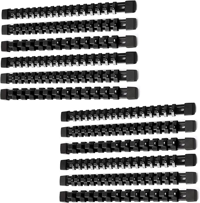ALOANES 12PC ABS Socket Organizer, Socket Rails Fit 1/2 inch, 3/8 inch and 1/4 inch Drive, Heavy Duty Socket Holders Hold up to 172 Sockets, Black Rails with Black Clips