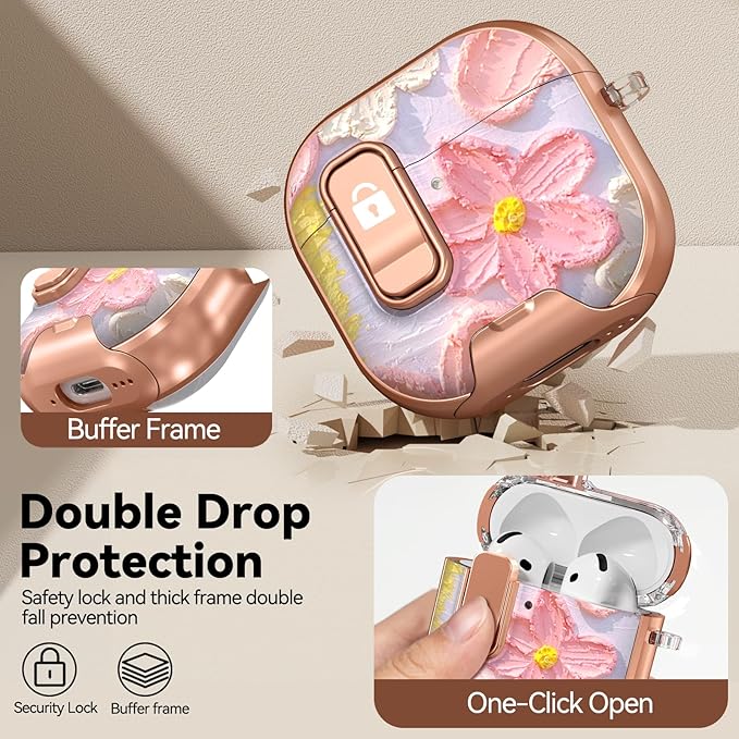 for AirPods 4 Case, with Safty Lock & Phone Stand for Floral AirPods 4th Generation Case Cover for Women Girly, iPod 4 Case with Keychain & Cleaner Kit - Oil Painting Flower