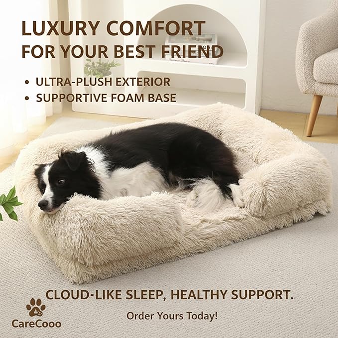 Orthopedic Dog Bed for Large Dogs - Washable Memory Foam Pet Sofa, Fluffy Plush Rectangular Bed, Waterproof Anti-Anxiety Couch, Light Brown, L