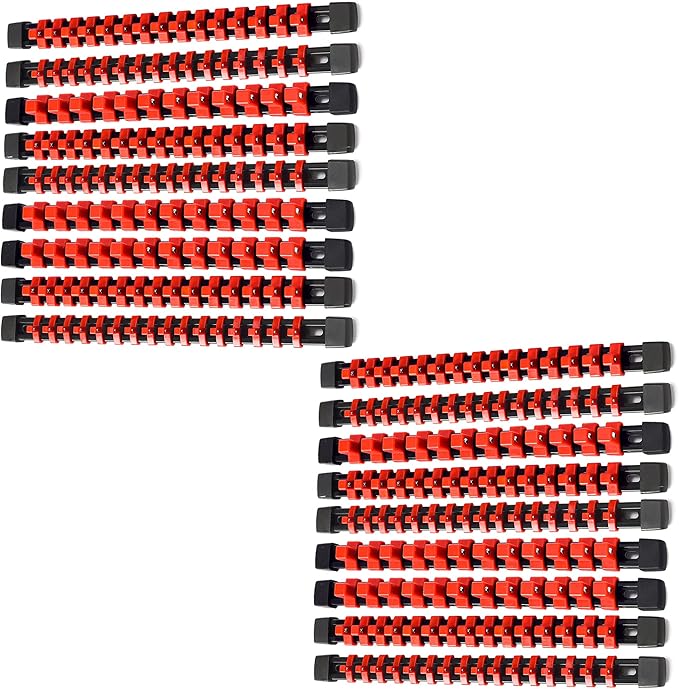 ALOANES 18PC ABS Socket Organizer, Socket Rails Fit 1/2 inch, 3/8 inch and 1/4 inch Drive, toHeavy Duty Socket Holders Hold up to 258 Sockets, Black Rails with Red Clips