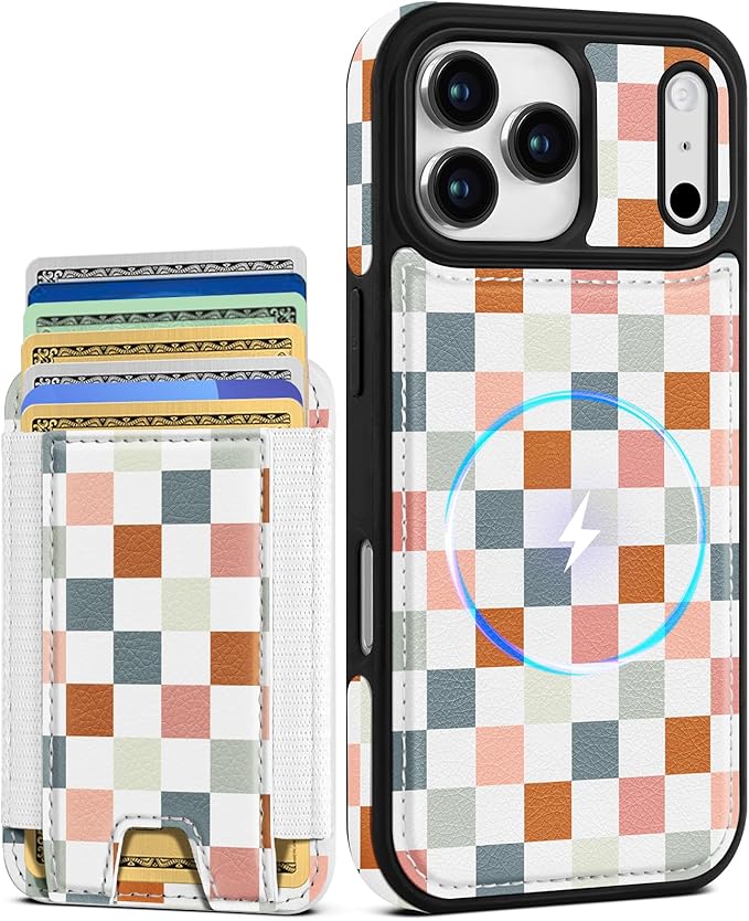Shorogyt for iPhone 17 Pro Case Wallet - Fits 5 Cards, Compatible with Magsafe Detachable Magnetic Credit Card Holder Leather Cardholder Cute Phone Cover Women Girls for Apple 17Pro, Checkered