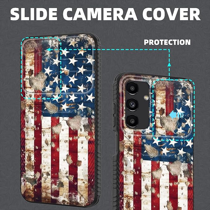 for Galaxy A15 5G Case Built in Slide Camera Lens Cover,Heavy Duty Shockproof Protection Dual Layer Case for Samsung Galaxy A15 5G 6.5 inch 2024,Rustic American Flag