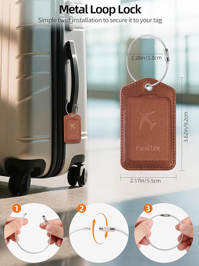 Luggage Tags, Works with Apple Find My, Smart Luggage Tag for Suitcases, Leather Bag Tags for Travel, Suitcase Tag with Privacy Flap, Anti-Lost Luggage Tracker, Travel Essentials, Rechargeable, Brown
