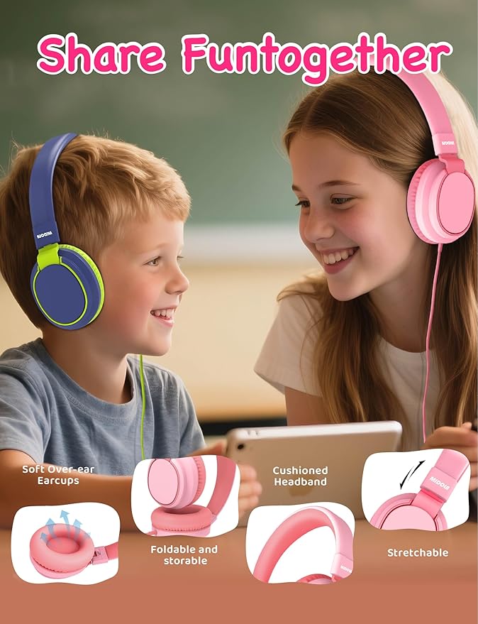 MIDOLA Kids Headphone Wired Volume Limited 85/94dB Over-Ear/On-Ear Foldable Headset with Microphone Hearing Protection Headphones for Toddler Boy Girl Child School Learning Pad Tablet Pink