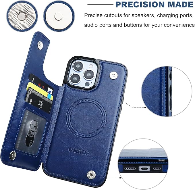 ONETOP Compatible with Magsafe for iPhone 13 Pro Max Wallet Case with Card Holder, PU Leather Kickstand RFID Blocking Case, Double Magnetic Clasp and Durable Shockproof Cover 6.7 Inch (Blue)