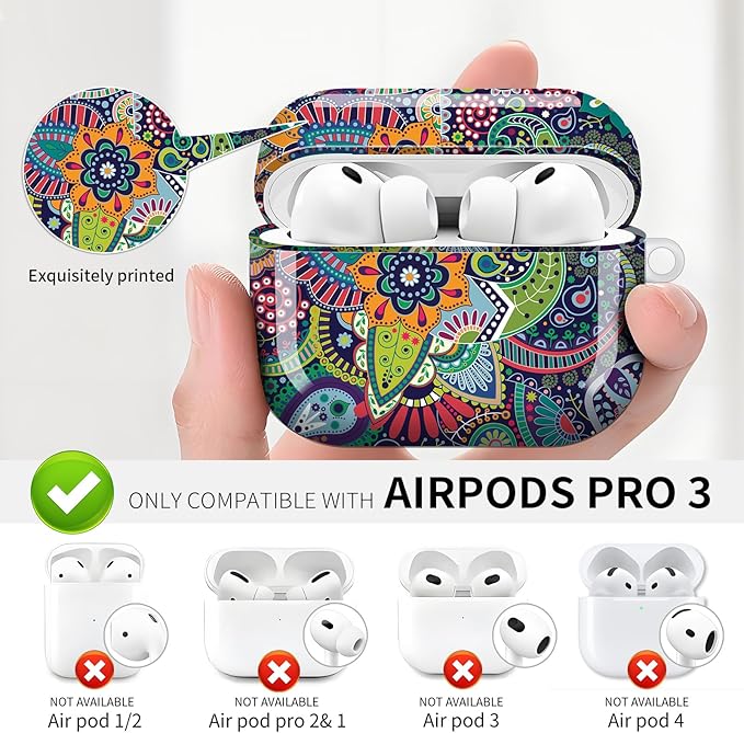 Compatible with AirPod Pro 3 (2025),Cute Case Cover for Women & Men, Full Protection Shockproof Hard Case with Keychain, Wireless Charging Case Accessories(Paisley Stylized Flowers)