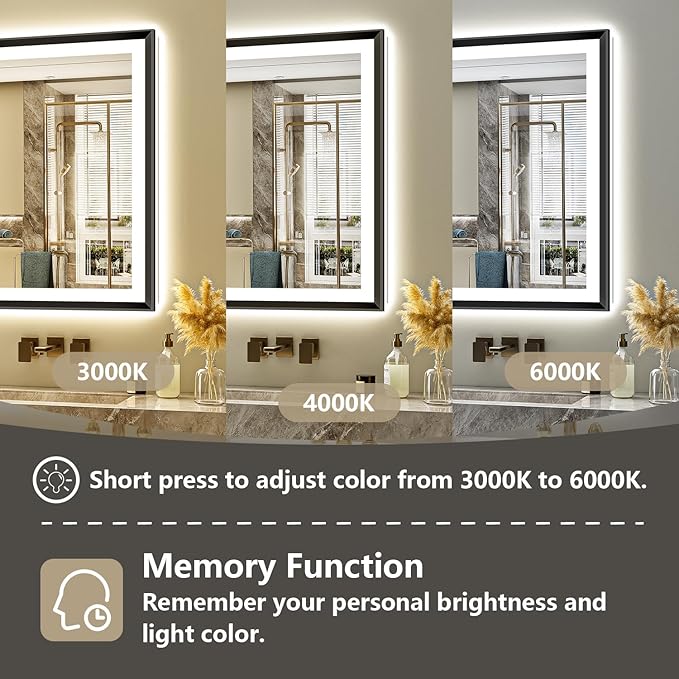 40x30 Black Framed LED Bathroom Mirror with Lights, Backlit and Front Light, Lighted Bathroom Vanity Mirror for Wall Dimmable Anti-Fog Memory Tempered Glass Horizontal/Vertical