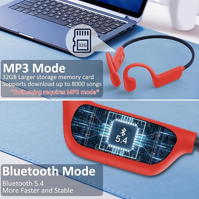 Swimming Headphones-Bone Conduction Headphones, IP68 Waterproof Open Earphones, LiteSurge Bluetooth 5.4 Underwater Sport Earbuds with 32 GB MP3 Memory for Swimming, Marathon-Orange-red