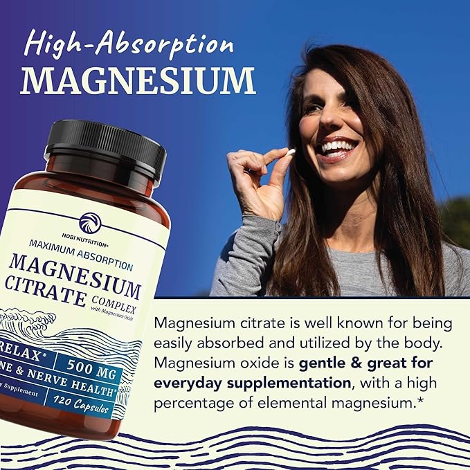 Magnesium Citrate 500 MG (120ct) for Calm & Relaxation | High Absorption Magnesium Supplement with Elemental Mag Oxide | Constipation & Digestion Support | Gluten-Free, Soy-Free | 4-Month Supply