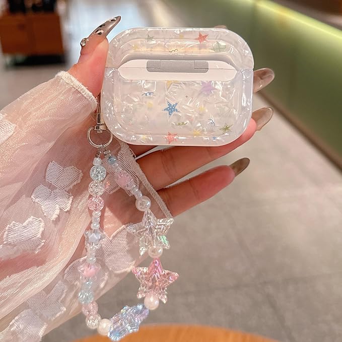 for AirPod Pro 3 Case 2025 Cute Dream Shell Pearl Shockproof Protective Cover with Strap Keychain Compatible for AirPods Pro 3rd Generation for Women Girls (Colored Stars)