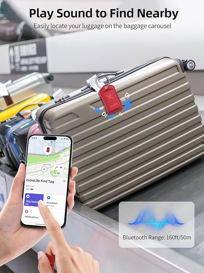Luggage Tags, Works with Apple Find My, Leather Luggage Tag for Suitcases, Travel Tags, Bag Tag, Suitcase Tag with Privacy Flap, Anti-Lost Smart Luggage Tracker, Travel Essentials, Red