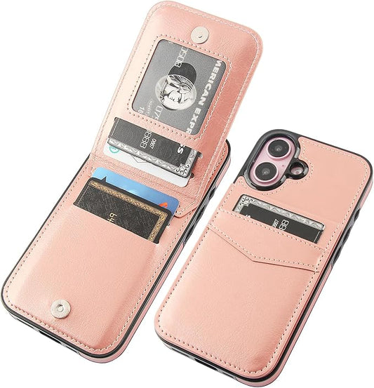 KIHUWEY Compatible with iPhone 16 Case Wallet with Credit Card Holder, Flip Premium Leather Magnetic Clasp Kickstand Heavy Duty Protective Cover for iPhone 16 6.1 Inch (Rose Gold)