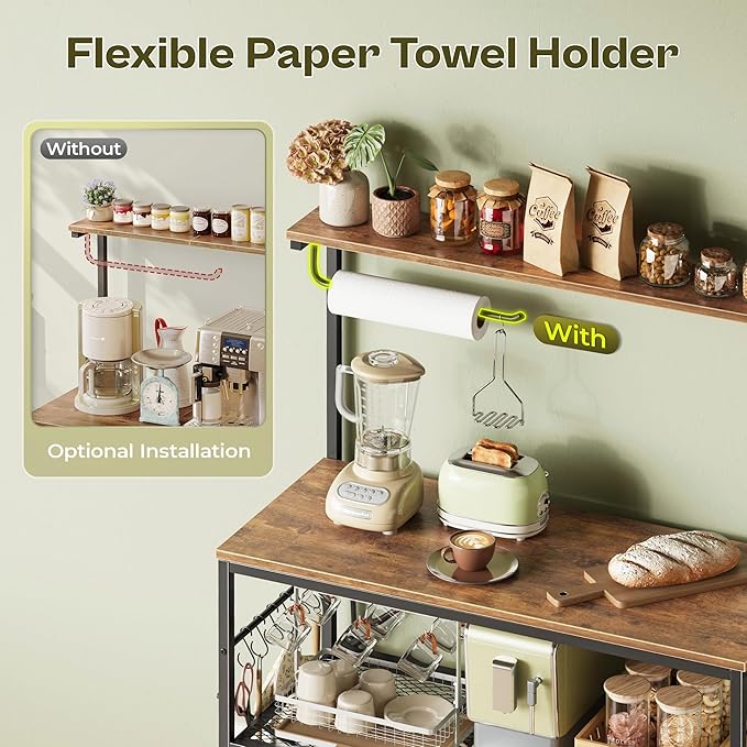Huuger 4-Tier Bakers Rack with Reversible Power Outlet, 31.5 Inch Microwave Stand with Paper Towel Holder, Kitchen Bar, Larger Storage with Top Shelf, 6 S Hooks, Rustic Brown