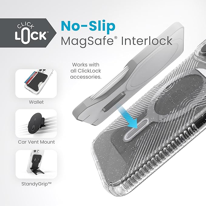 Speck iPhone 15 Pro Max Case - ClickLock No-Slip Interlock, Built for MagSafe, Drop Protection Grip - Anti-Yellowing 6.7 Inch Phone Case - Presidio Lux Grip Clear/Platinum Glitter